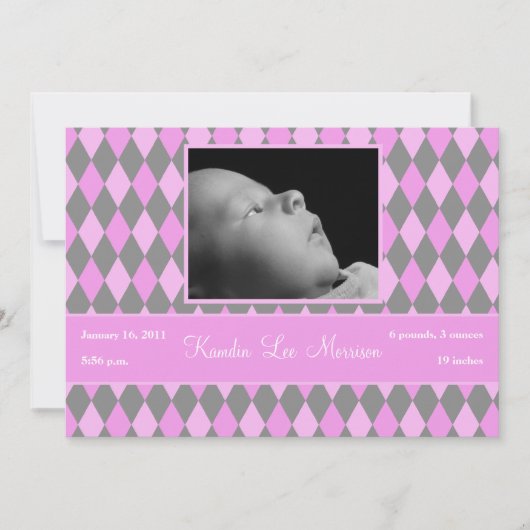5x7 Roze Argyle Patroon Foto Aankondiging Geboorte (Voorkant)