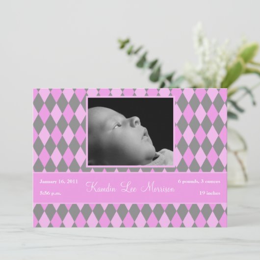 5x7 Roze Argyle Patroon Foto Aankondiging Geboorte (Staand voorkant)