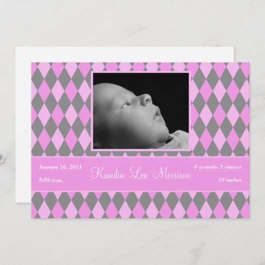 5x7 Roze Argyle Patroon Foto Aankondiging Geboorte (Voorkant / Achterkant)