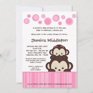 5x7 Roze Baby Pop Monkey Baby shower Uitnodiging