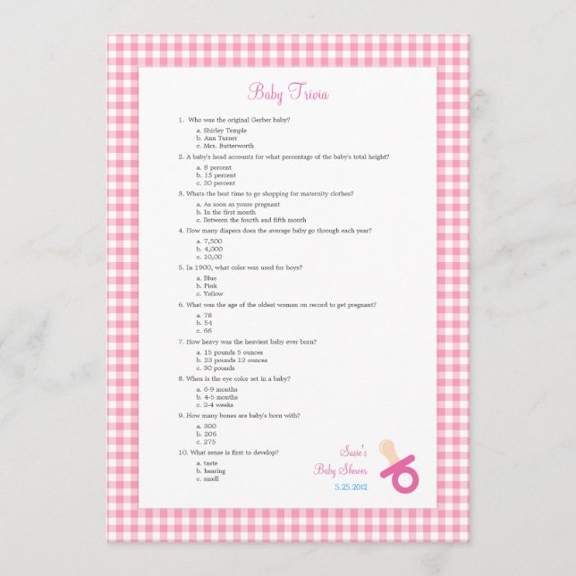 5x7 roze Baby Trivia Shower Game (Voorkant)