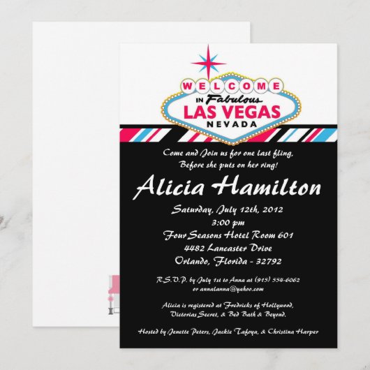 5x7 Roze & Blauw Las Vegas Bachelorette uitnodigin Kaart (Voorkant / Achterkant)