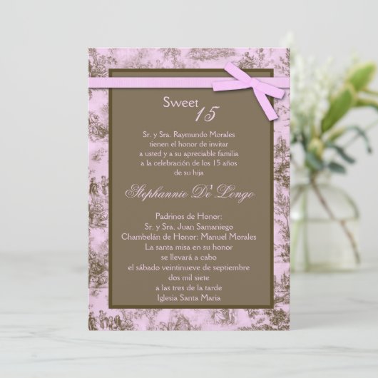 5x7 Roze Bruin ToileFabric Quinceanera Uitnodiging (Staand voorkant)