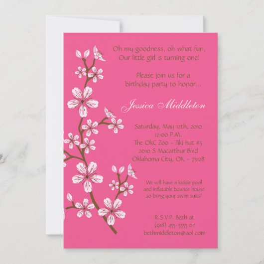 5x7 Roze Cherry Blossom Birthday Party Invitation Kaart (Voorkant)