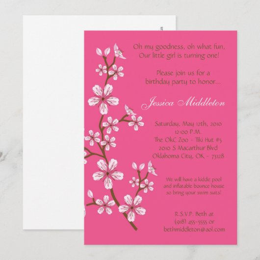 5x7 Roze Cherry Blossom Birthday Party Invitation Kaart (Voorkant / Achterkant)