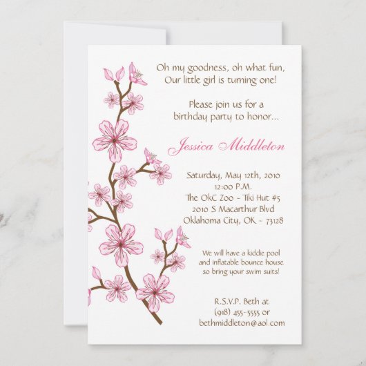 5x7 Roze Cherry Blossom Birthday Party Invitation Kaart (Voorkant)