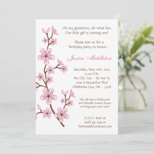 5x7 Roze Cherry Blossom Birthday Party Invitation Kaart (Staand voorkant)