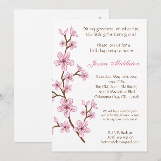 5x7 Roze Cherry Blossom Birthday Party Invitation Kaart (Voorkant / Achterkant)