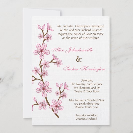 5x7 Roze Cherry Blossom Linen Wedding Uitnodiging (Voorkant)