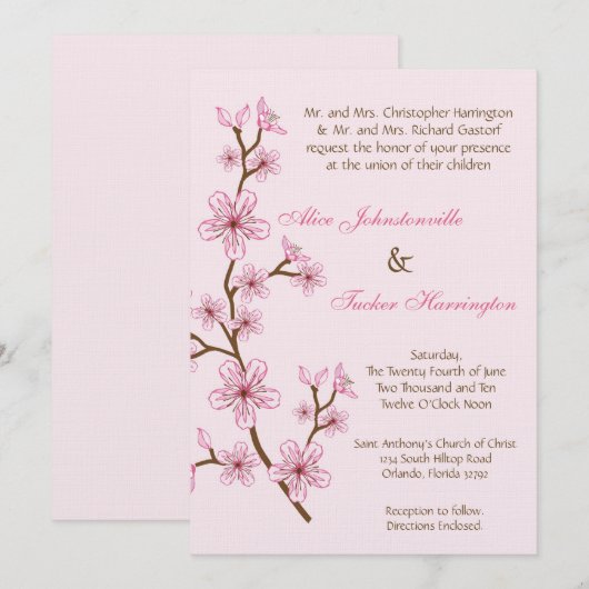 5x7 Roze Cherry Blossom Linen Wedding Uitnodiging (Voorkant / Achterkant)