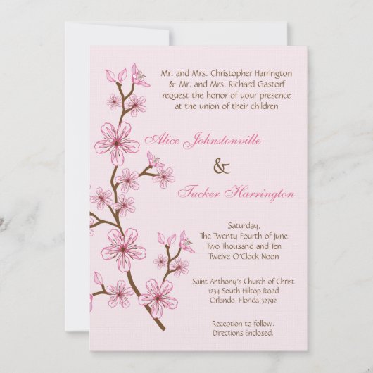 5x7 Roze Cherry Blossom Linen Wedding Uitnodiging (Voorkant)