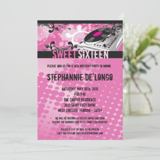 5x7 Roze DJ Spin Platenspeler16th Birthday Invitat Kaart (Staand voorkant)