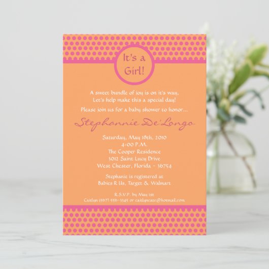 5x7 Roze en Oranje Polka Dot Baby shower Uitnodigi Kaart (Staand voorkant)