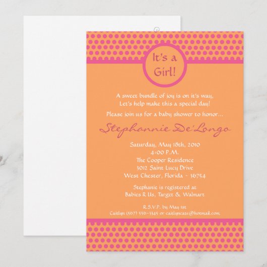 5x7 Roze en Oranje Polka Dot Baby shower Uitnodigi Kaart (Voorkant / Achterkant)