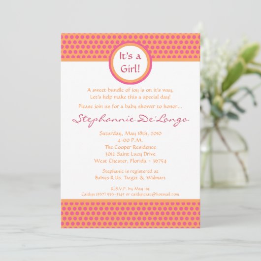 5x7 Roze en Oranje Polka Dot Baby shower Uitnodigi Kaart (Staand voorkant)