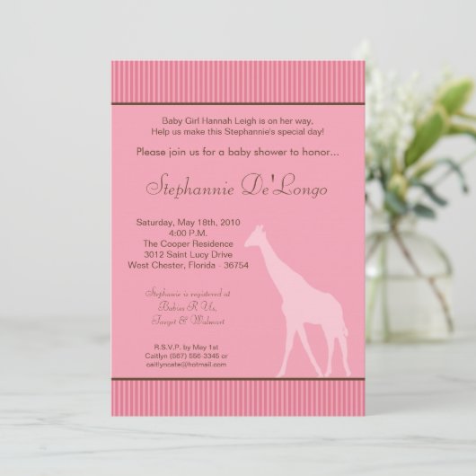 5x7 roze gestreepte Giraffe Baby shower Uitnodigin Kaart (Staand voorkant)