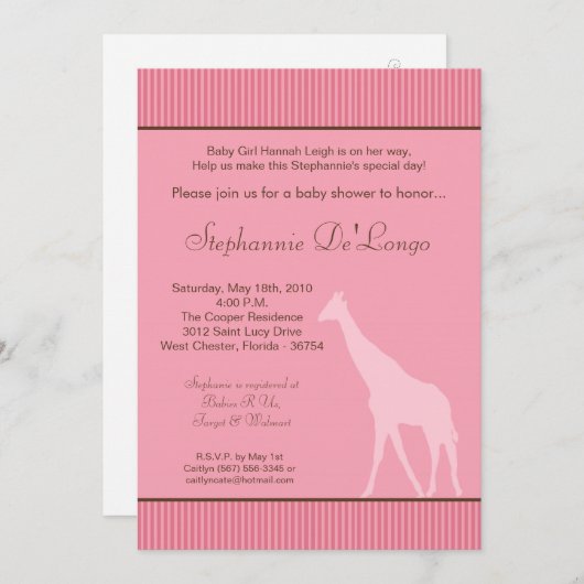 5x7 roze gestreepte Giraffe Baby shower Uitnodigin Kaart (Voorkant / Achterkant)