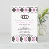 5x7 roze grijs Argyle Crown Baby shower Uitnodigin Kaart (Staand voorkant)