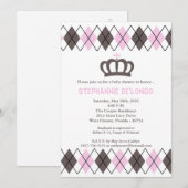 5x7 roze grijs Argyle Crown Baby shower Uitnodigin Kaart (Voorkant / Achterkant)
