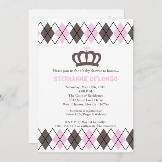 5x7 roze grijs Argyle Crown Baby shower Uitnodigin Kaart (Voorkant / Achterkant)
