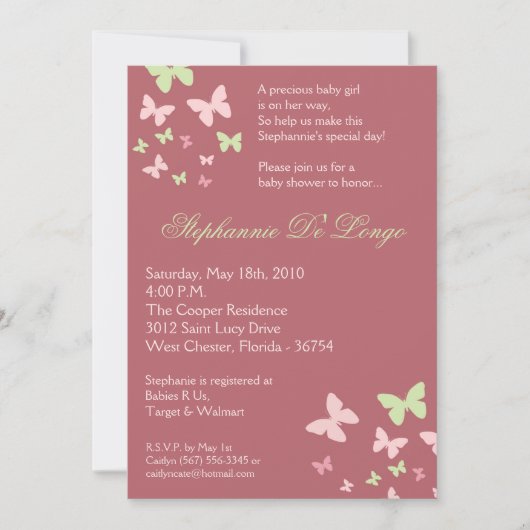 5x7 Roze Groene Butterfly Baby shower Uitnodiging (Voorkant)