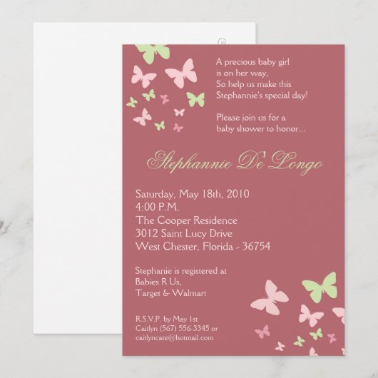 5x7 Roze Groene Butterfly Baby shower Uitnodiging (Voorkant / Achterkant)