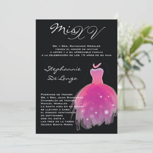 5x7 roze jurk Quinceanera Verjaardag Uitnodiging (Staand voorkant)