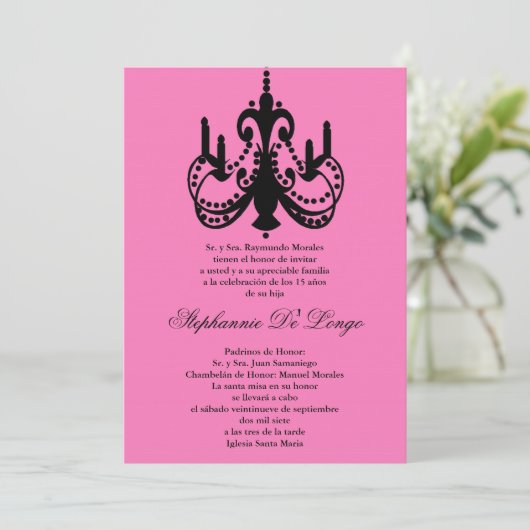 5x7 Roze Kroonluchter Quinceanera Party Uitnodigin Kaart (Staand voorkant)