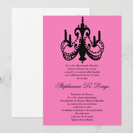 5x7 Roze Kroonluchter Quinceanera Party Uitnodigin Kaart (Voorkant / Achterkant)