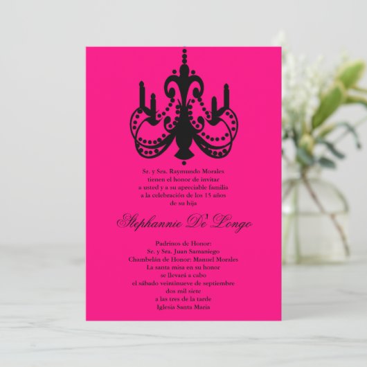 5x7 Roze Kroonluchter Quinceanera Party Uitnodigin Kaart (Staand voorkant)