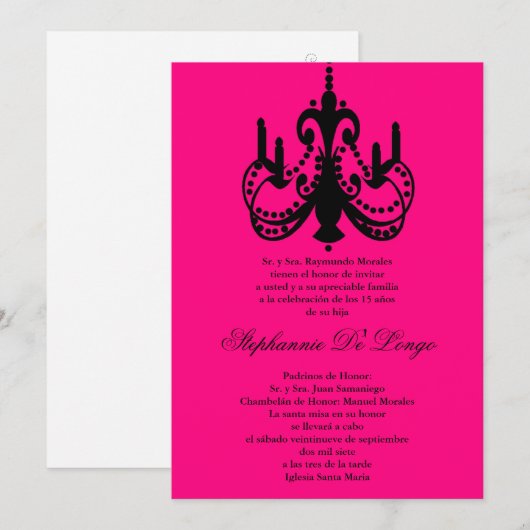 5x7 Roze Kroonluchter Quinceanera Party Uitnodigin Kaart (Voorkant / Achterkant)
