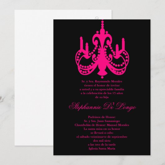 5x7 Roze Kroonluchter Quinceanera Party Uitnodigin Kaart (Voorkant / Achterkant)