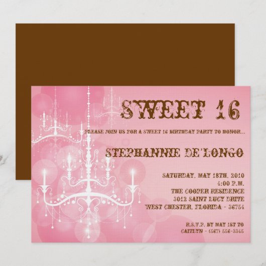 5x7 Roze Kroonluchter Sweet 16 Verjaardag Uitnodig Kaart (Voorkant / Achterkant)