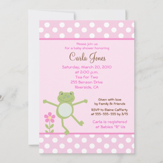 5x7 Roze Leap Frog Girl Baby shower Invitation Kaart (Voorkant)