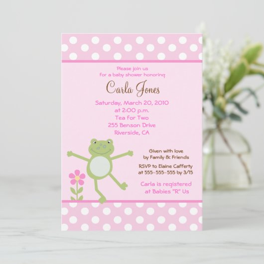 5x7 Roze Leap Frog Girl Baby shower Invitation Kaart (Staand voorkant)