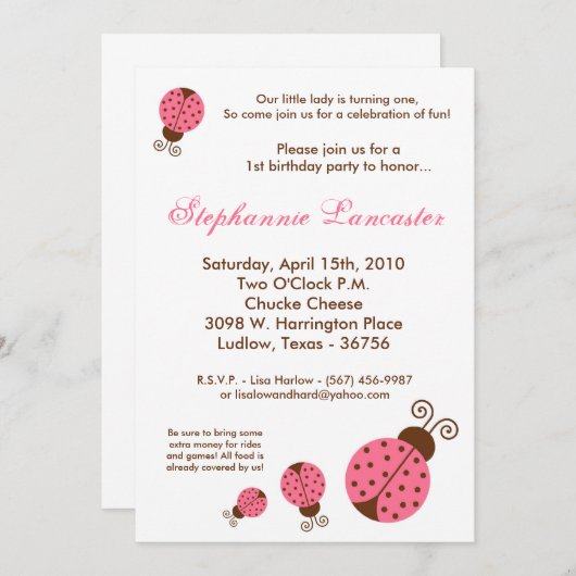 5x7 Roze lente-juffrouw Bug Birthday Party Uitnodi Kaart (Voorkant / Achterkant)