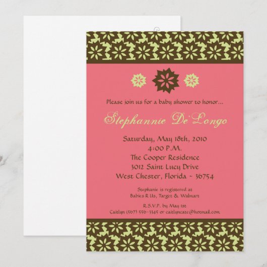 5x7 Roze Limoen Damask Baby shower Uitnodiging (Voorkant / Achterkant)