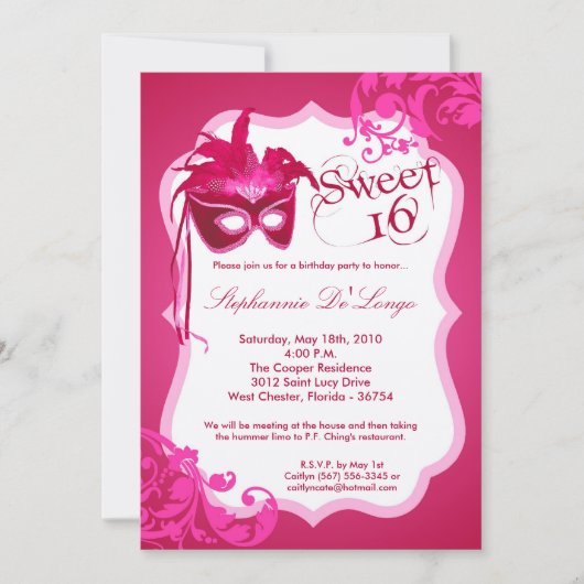 5x7 Roze Masquerade Masker 16 Verjaardag Uitnodigi Kaart (Voorkant)