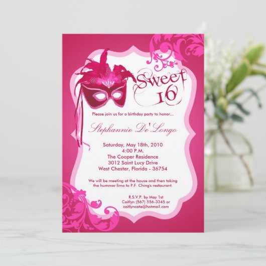 5x7 Roze Masquerade Masker 16 Verjaardag Uitnodigi Kaart (Staand voorkant)