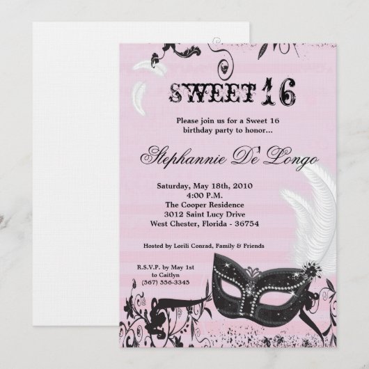 5x7 Roze Masquerade Sweet 16 Verjaardag Uitnodigin Kaart (Voorkant / Achterkant)