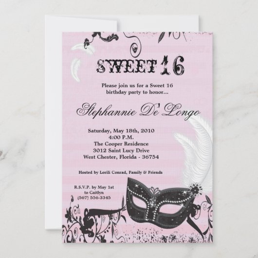 5x7 Roze Masquerade Sweet 16 Verjaardag Uitnodigin Kaart (Voorkant)