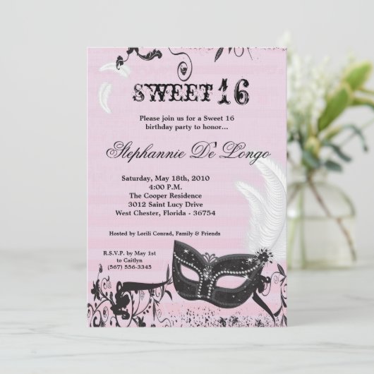 5x7 Roze Masquerade Sweet 16 Verjaardag Uitnodigin Kaart (Staand voorkant)