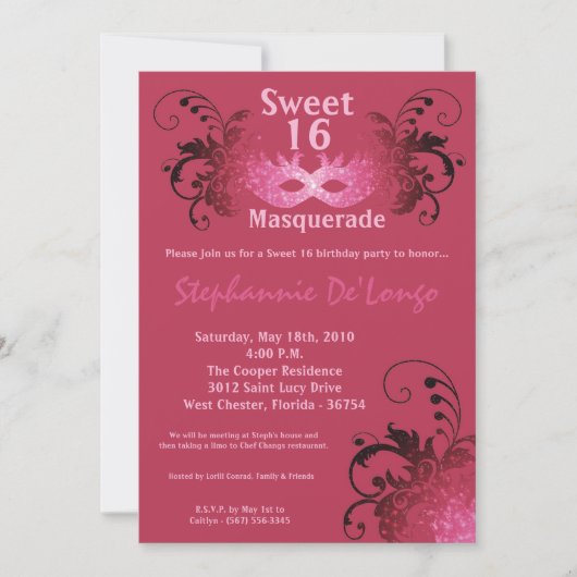 5x7 Roze Masquerade Sweet 16 Verjaardag Uitnodigin Kaart (Voorkant)