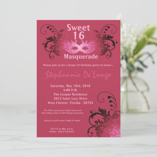 5x7 Roze Masquerade Sweet 16 Verjaardag Uitnodigin Kaart (Staand voorkant)