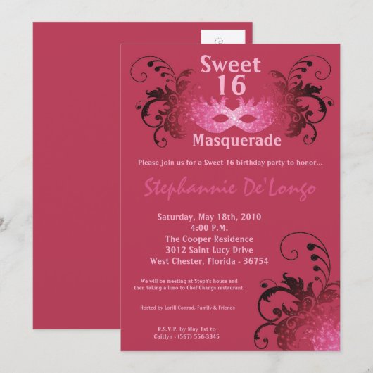 5x7 Roze Masquerade Sweet 16 Verjaardag Uitnodigin Kaart (Voorkant / Achterkant)