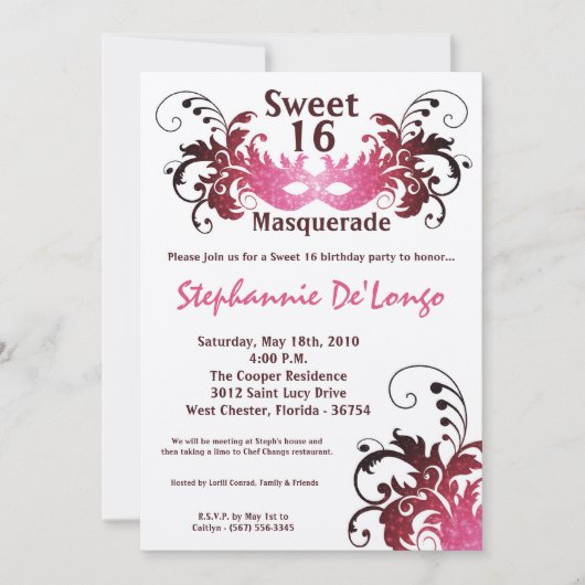 5x7 Roze Masquerade Sweet 16 Verjaardag Uitnodigin Kaart (Voorkant)
