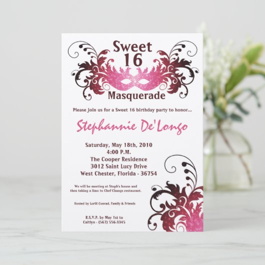 5x7 Roze Masquerade Sweet 16 Verjaardag Uitnodigin Kaart (Staand voorkant)