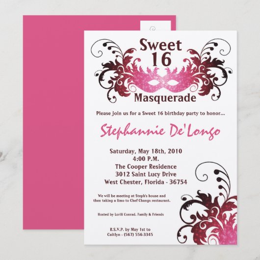 5x7 Roze Masquerade Sweet 16 Verjaardag Uitnodigin Kaart (Voorkant / Achterkant)