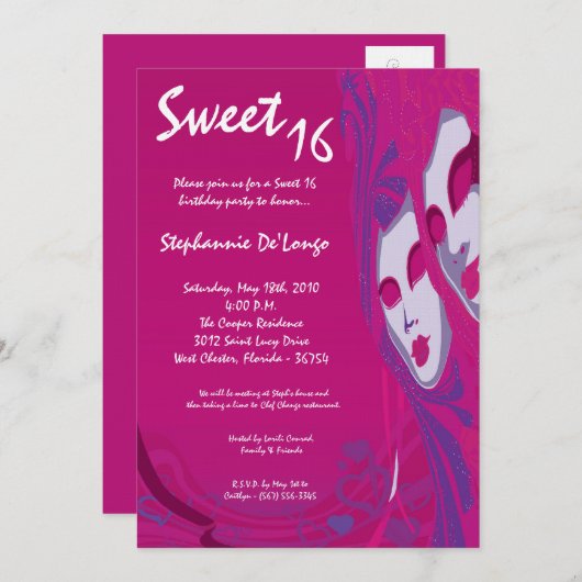 5x7 Roze Masquerade Sweet 16 Verjaardag Uitnodigin Kaart (Voorkant / Achterkant)