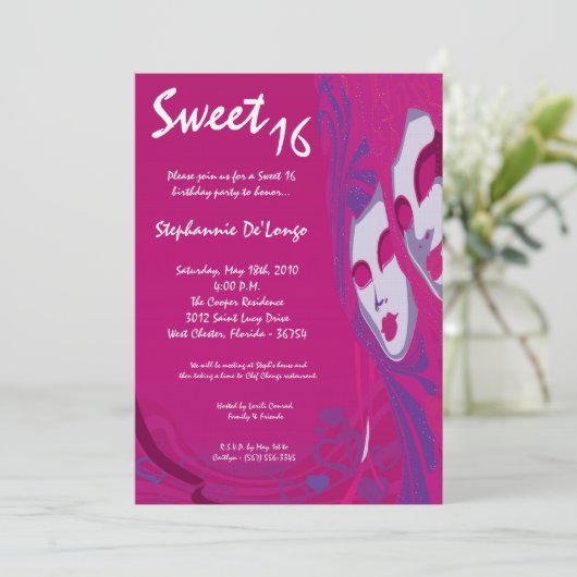 5x7 Roze Masquerade Sweet 16 Verjaardag Uitnodigin Kaart (Staand voorkant)
